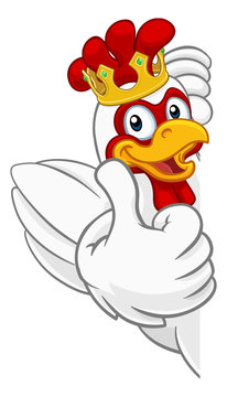 A chicken rooster cockerel bird cartoon character in a kings gold crown peeking around a sign and giving a thumbs up