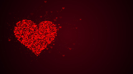 Red heart is isolated on burgundy background. Accumulation of little hearts creates one large heart. Left allocation. Copy space.