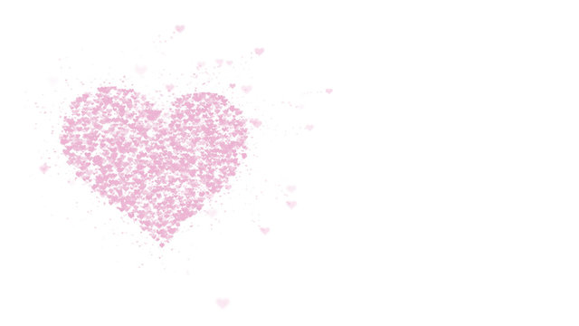 Blurred pink heart is isolated on white background. Accumulation of little hearts creates one large heart. Left allocation. Copy space.