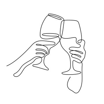 Cheering wine glasses continuous line vector illustration