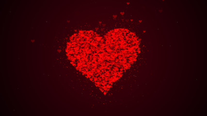 Red heart is isolated on burgundy background. Accumulation of little hearts creates one large heart.