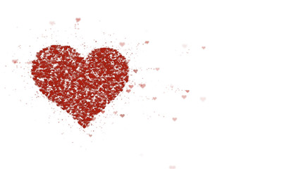 Red heart is isolated on white background. Accumulation of little hearts creates one large heart. Left allocation. Copy space.