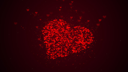 Red heart is isolated on burgundy background. Accumulation of little hearts creates one large heart. Burgundy heart is bursting with little hearts.