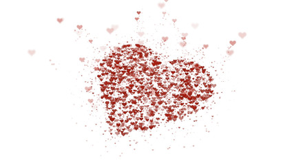 Red heart is isolated on white background. Accumulation of little hearts creates one large heart. Lying heart is absorbing more little hearts.