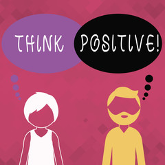 Word writing text Think Positive. Business photo showcasing mental attitude in wich you expect good and favorable results Bearded Man and Woman Faceless Profile with Blank Colorful Thought Bubble