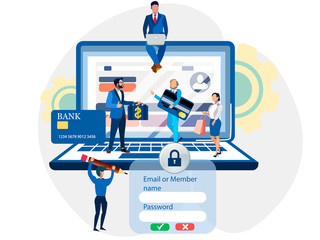 Registration on the site, access to the account, people. Login to the Internet banking. In minimalist style Cartoon flat Vector