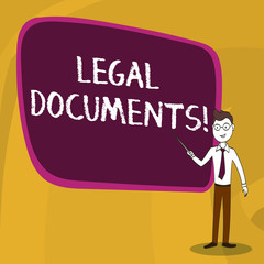 Word writing text Legal Documents. Business photo showcasing states some contractual relationship or grants some right Confident Man in Tie, Eyeglasses and Stick Pointing to Blank Colorful Board