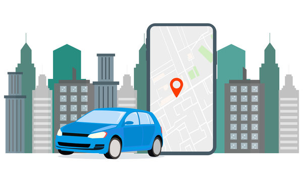 Banner Illustration Navigation Car Rental. The screen displays GPS data car parking. Use Car Hire for Mobile Services.