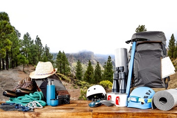 Backpack and mountains landscape 