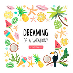 Summer theme vector illustration frame with exotic fruits, toucan, palm tree and sea shells isolated on a white background.