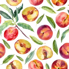 Tapeten Aquarellfrüchte Nahtloses Muster mit Pfirsichen und Blättern
