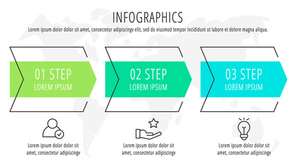 Fototapeta premium Modern vector flat illustration. Infographic arrows template with three elements, shapes, icons. Timeline designed for business, presentations, web design, interface, education, diagrams with 3 steps