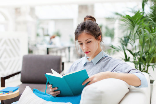 Young woman is reading book or notepad. Girl is sitting on sofa in cozy modern cafe indoors. Freelancer is working in comfortable coworking modern place.