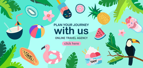 Summer theme banner with exotic fruits and birds, tropic plants and tasty ice cream. Creative banner, flyer, landing page or blog post for travel agency or tour operator in a flat trendy style. © KPstudio