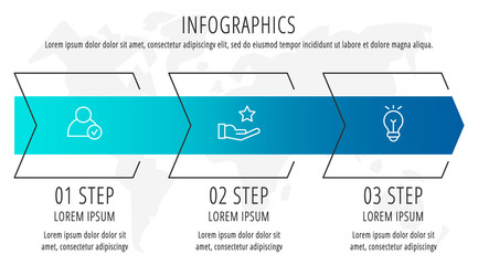 Modern vector flat illustration. Infographic arrows template with three elements, shapes, icons. Timeline designed for business, presentations, web design, interface, education, diagrams with 3 steps