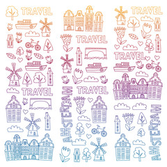Plakat Vector pattern with Holland, Netherlands, Amsterdam icons. Doodle style.