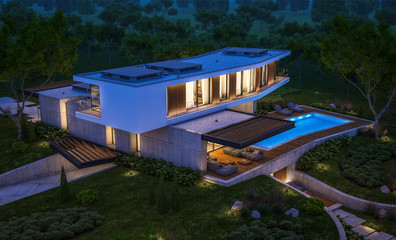 3d rendering of modern cozy house on the hill with garage and pool for sale or rent with beautiful landscaping on background. Clear summer night with many stars on the sky.