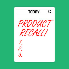 Handwriting text Product Recall. Conceptual photo request analysisufacturer return product after discovery issues Search Bar with Magnifying Glass Icon photo on Blank Vertical White Screen