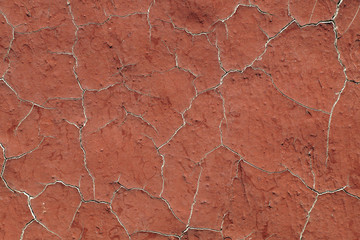 Red painted concrete wall in the white cracks. Old textured ruined surface