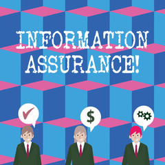 Writing note showing Information Assurance. Business concept for the process of protecting information from being seen Businessmen has Speech Bubble with Optimization Cost Icons