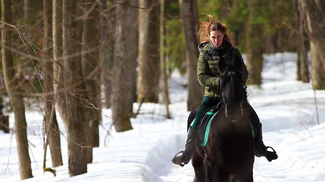 A woman riding a horse in the forest