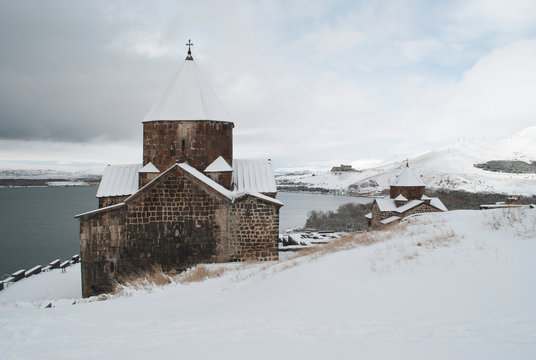 monastery on lake Sevan in Armenia, spring