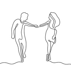 Couple walking holding hands continuous line vector illustration