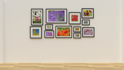 Photo frame on wall - flower picture (3D rendering)