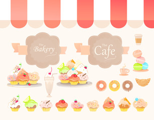 Set of Vector Icons for Bakery, Cafe or Pastry Shop. Images of Food Muffins, Cupcakes, Milkshake Cocktail, Croissant, Macaron Cookies, Macaron Cookies, Сoffee and Tea