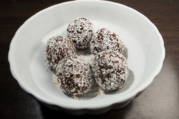 Stockholm, Sweden A chocolate delicacy known as chokladbullar, or chocolate balls, with coconut flakes.