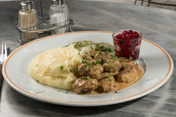 Stockholm, Sweden Traditional Swedish meat balls with mashed potatoes and lingon berries.