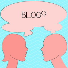 Writing note showing Blogquestion. Business concept for regularly updated website web page run by individual Silhouette Sideview Profile of Man and Woman Thought Bubble