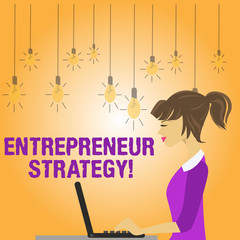 Writing note showing Entrepreneur Strategy. Business concept for establish and sustain a competitive advantage photo of Young Busy Woman Sitting Side View and Working on her Laptop