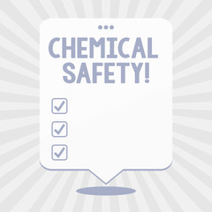 Word writing text Chemical Safety. Business photo showcasing practice minimizing risk exposure chemicals any environment Blank Space White Speech Balloon Floating with Three Punched Holes on Top
