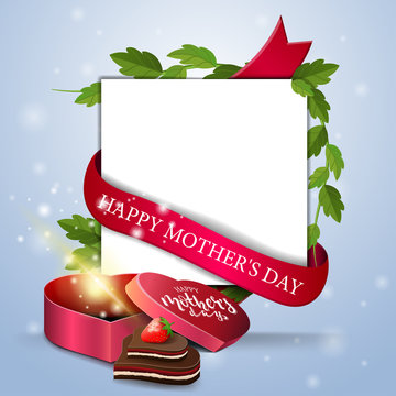 Happy Mother's Day, Greeting Card With A Place Under The Text, A Vine, A Red Ribbon, Gift In The Shape Of A Heart And Candy