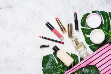 Make up bag with cosmetic beauty products