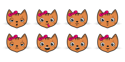 Set of funny ginger cats with red bow on the white background. Vector illustration in cartoon style