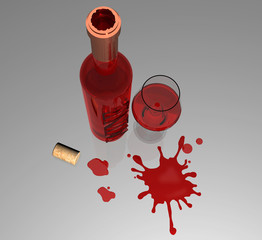 Bottiglia di vino rosè con bicchiere e macchie, su fondo neutro, immagine 3D, illustrazione