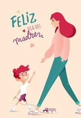 Mother and son walking together. Text Happy mother`s day written in spanish. Cartoon vector illustration