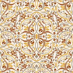 Seamless background baroque style. Vintage Pattern. Retro Victorian. Ornament in Damascus style. Elements of flowers, leaves. Vector illustration. Wallpaper, print packaging, textiles.