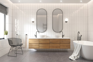 3d rendering of a modern minimal white bathroom with a bathtub - obrazy, fototapety, plakaty