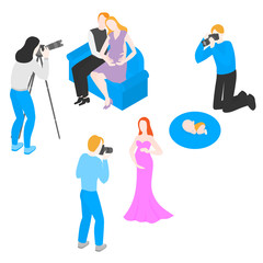 Isometric Photographer Shooting pregnant couple, woman an baby. Photography. Photostudio interior and equipment