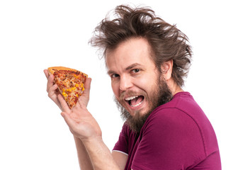 Crazy Bearded Man with funny Haircut. Happy Hungry man Eating Pizza and looking at camera, isolated on white background.