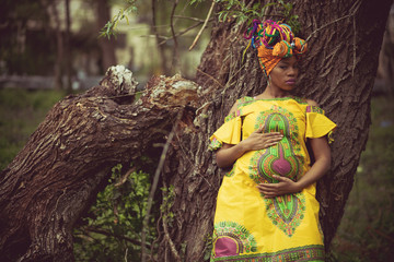 African American pregnant woman in the park.