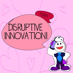 Text sign showing Disruptive Innovation. Business photo text displacing established marketleading firms or product Smiley Face Man in Necktie Holding Smartphone to his Head in Sticker Style