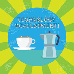 Handwriting text writing Technology Development. Conceptual photo Anything in regards to inventions or innovations White Cup of Frothy Beverage and Kettle with Drawings of Croissant and Egg