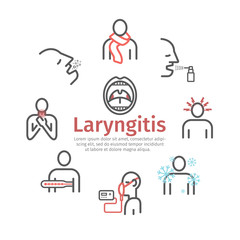 Laryngitis banner. Symptoms, Treatment. Line Icons set. Vector illustration