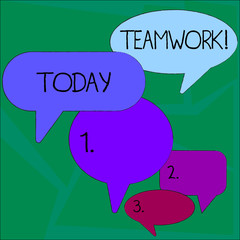 Text sign showing Teamwork. Business photo showcasing combined action of group especially when effective and efficient Many Color Speech Bubble in Different Sizes and Shade for Group Discussion