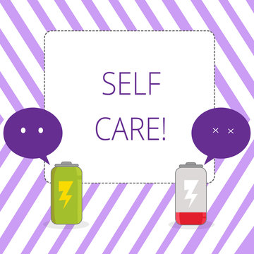 Writing Note Showing Self Care. Business Concept For Practice Of Taking Action To Preserve Or Improve Ones Own Health Fully Charge And Discharge Battery With Emoji Speech Bubble