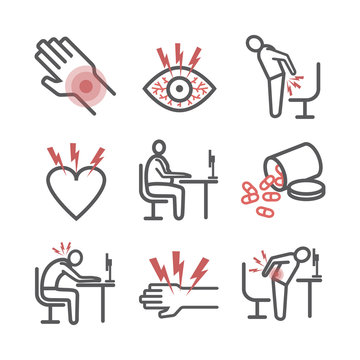 Office syndrome infographic. Line icons. Vector signs